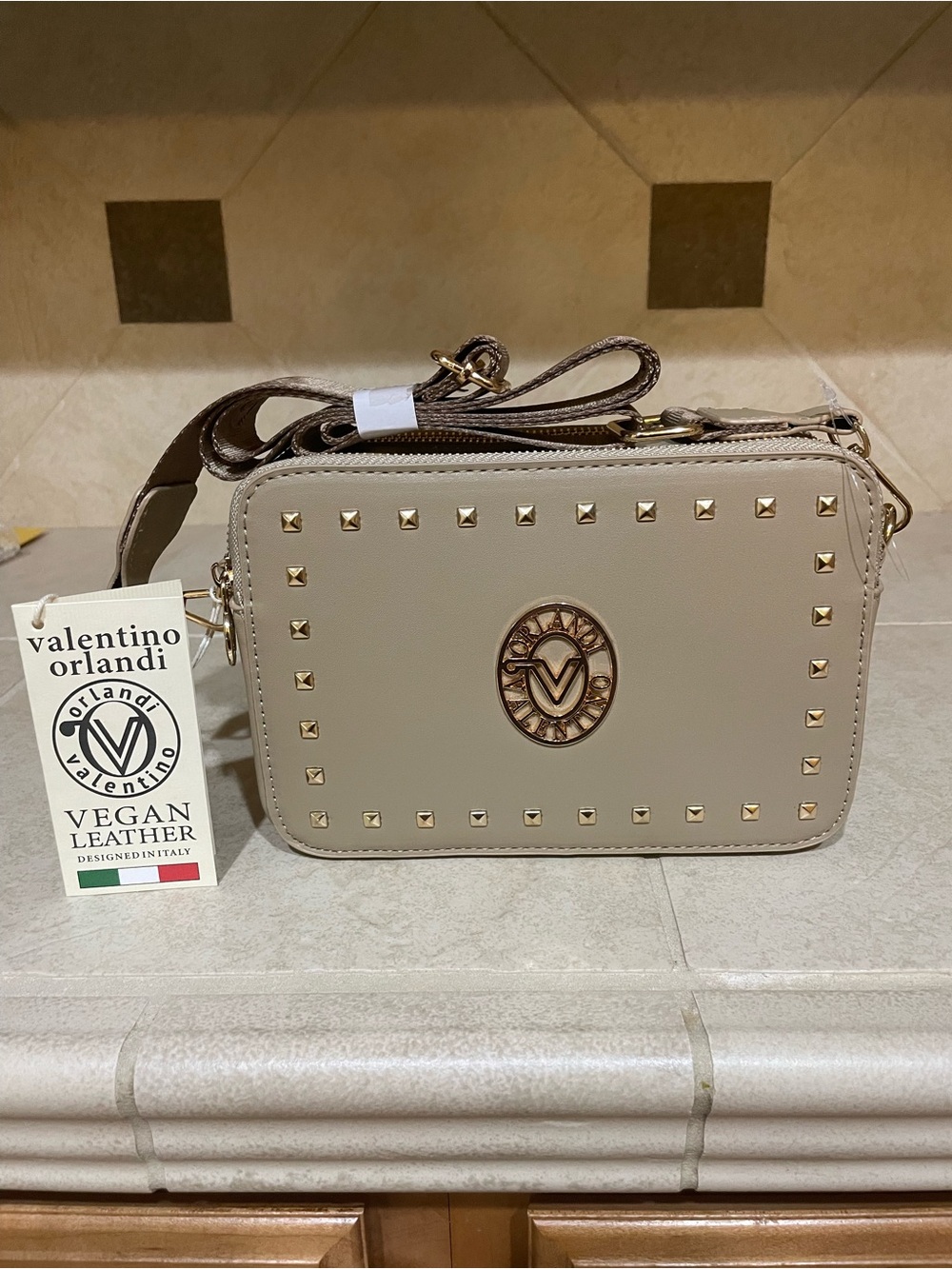 Valentino Orlandi Beige Vegan Leather Studded Crossbody Bag
